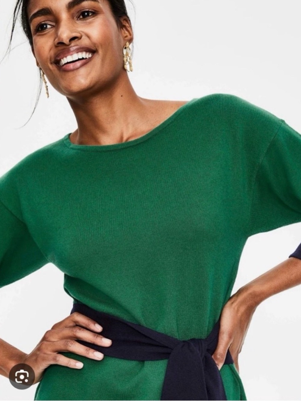 Boden Esmerelda Knitted Wool Cotton Blend 3/4 Sleeve Belted Dress in Green Navy - Picture 3 of 8